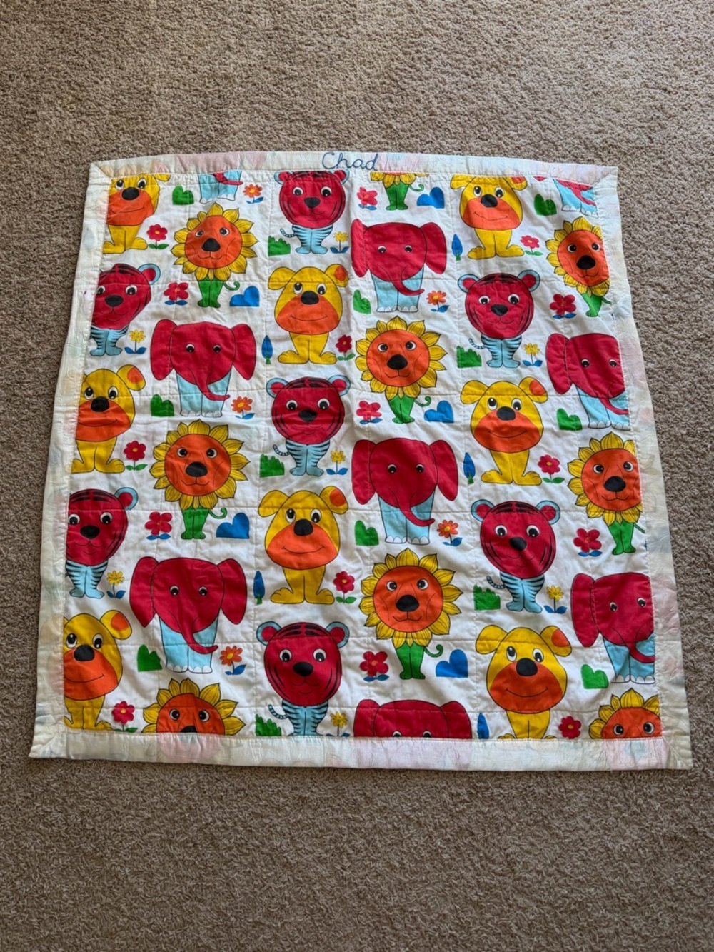 Vintage 1980’s Baby Blanket Elephant Lion Tiger Bright Color Satin Edging